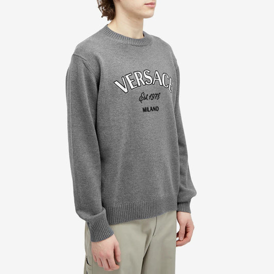 VERSACE || Men's Milano Embroidered Knit Pullover In Medium Grey- FASHION MYST