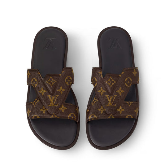 LOUIS VUITTON || Waterfront Mule – Brown Monogram Grained Leather Sandals