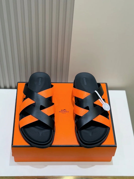 HERMES || Black and Orange Cross-Strap Sandals- FASHION MYST