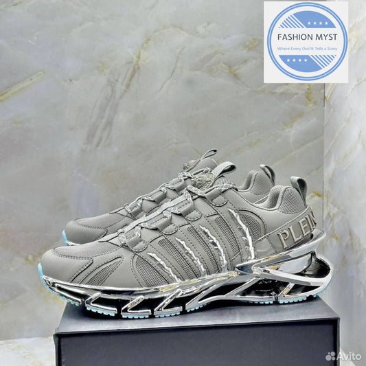 PHILIPP PLEIN || Sport Men's "Tiger Luxe" Grey Mesh Sneakers with Chrome Sculpted Sole