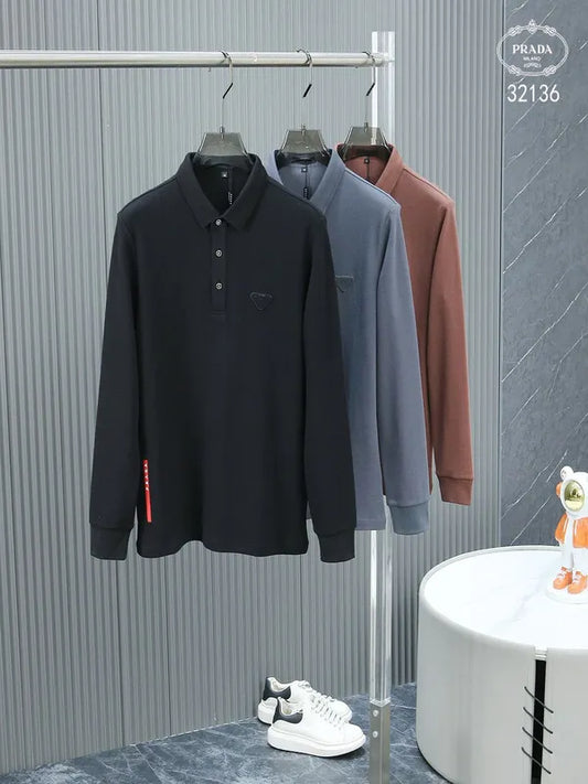 PRADA || Plain Cotton Long Sleeves With Mettalic Logo Luxury Polo T-shirt - FASHION MYST