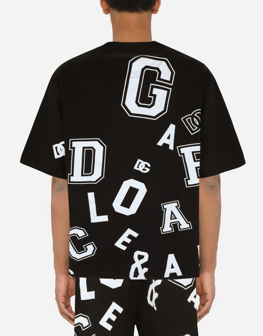 DOLCE & GABBANA Oversized Black And White DG Logo Monogram Print T-Shirt - FASHION MYST
