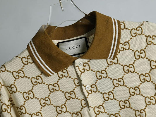 GUCCI || Men's Beige GG-Monogram Silk And Cotton-Blend Piqué Polo T-Shirt - FASHION MYST