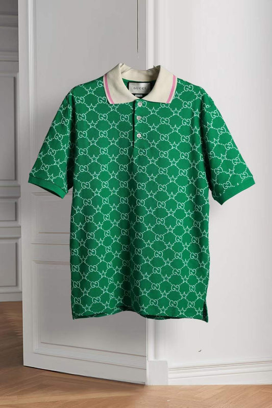 GUCCI || GG Logo All-Over Print Cotton Silk Polo T-Shirt / Green - FASHION MYST