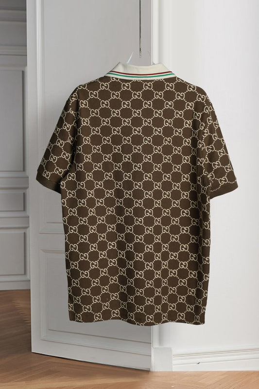 GUCCI || Men's Brown GG-Monogram Silk And Cotton-Blend Piqué Polo T-Shirt - FASHION MYST
