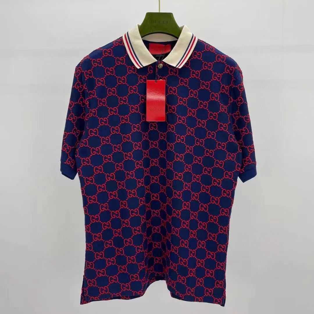 GUCCI || Men's Blue GG-Monogram Silk And Cotton-Blend Piqué Polo T