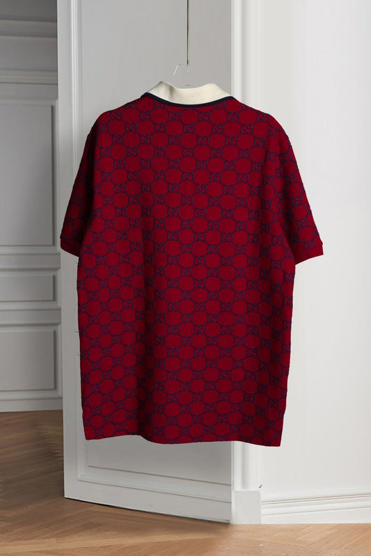 GUCCI || Men's Maroon GG-Monogram Silk And Cotton-Blend Piqué Polo T-Shirt - FASHION MYST