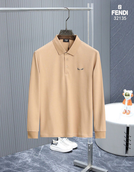 FENDI || Pique Long-Sleeve Angry Bird Eyes Logo Polo T-Shirt - FASHION MYST