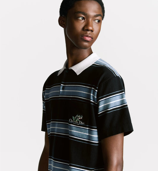 CHRISTIAN DIOR || Couture Lily of the Valley Polo T-Shirt Blue Cotton and Cashmere Jersey