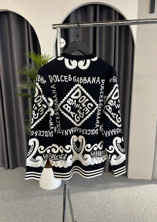 DOLCE & GABBANA || Marina Print Cotton Wool Black Pullover For Men- FASHION MYST