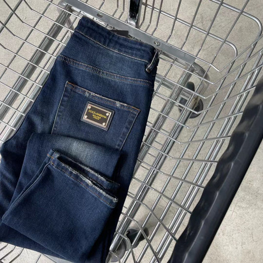 DOLCE & GABBANA || Mens Blue Metal Logo Rugged Jeans - FASHION MYST