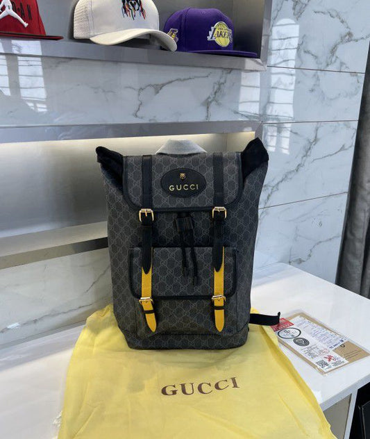 Gucci Soft Backpack GG Supreme Web Straps Brown Yellow / Black Yellow - FASHION MYST