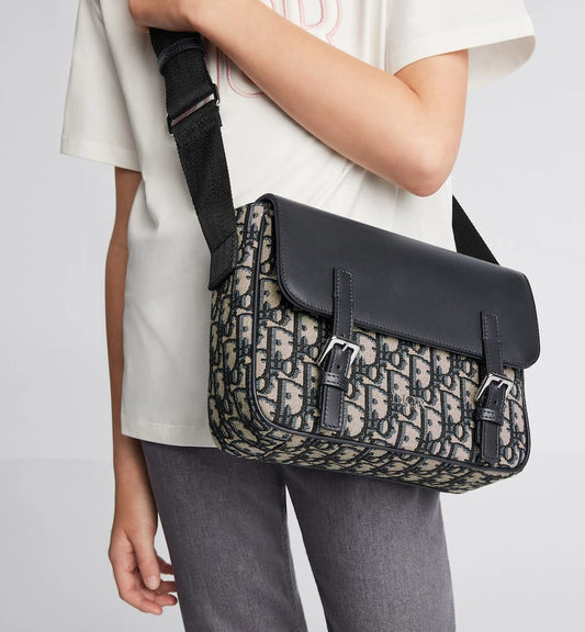CHRISTIAN DIOR || Messenger Bag Blue Calfskin and Dior Oblique Canvas - FASHION MYST