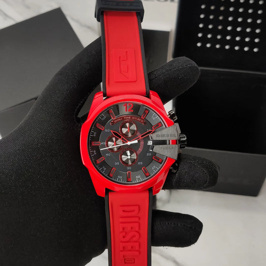 DIESEL || Men’s Mega Chief Chronograph Red Silicone Watch - FASHION MYST