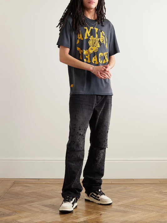 AMIRI || Track Logo-Flocked Cotton-Jersey T-Shirt In Black - FASHION MYST