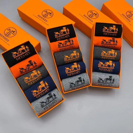 HERMES || Multicolor Combo Cotton Hermes H Logo Unisex Socks Five Pair Box - FASHION MYST