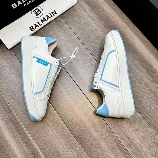 BALMAIN || B-Court Smooth Leather Trainers Sneaker White/Blue - FASHION MYST