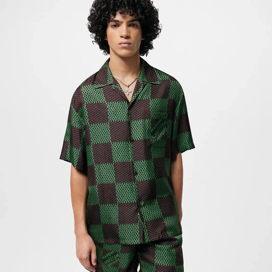 LOUIS VUITTON || Green Silk Damier Print Short & Shirt Co-Ordinate Set- FASHION MYST