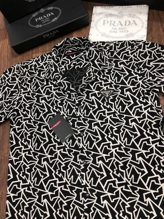 PRADA || Black and White Scribble Print Slim Fit Short Sleeve Shirt- FASHION MYST