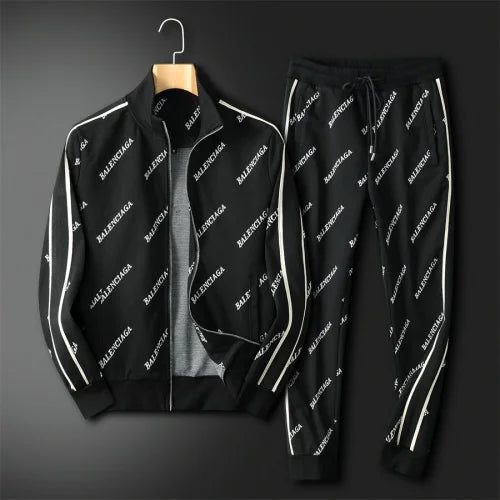 BALENCIAGA || Black Allover Logo Intarsia Knit Zip Detail Tracksuit- FASHION MYST