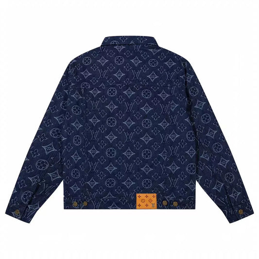 LOUIS VUITTON || Navy Blue Monogram Print Denim Jacket- FASHION MYST