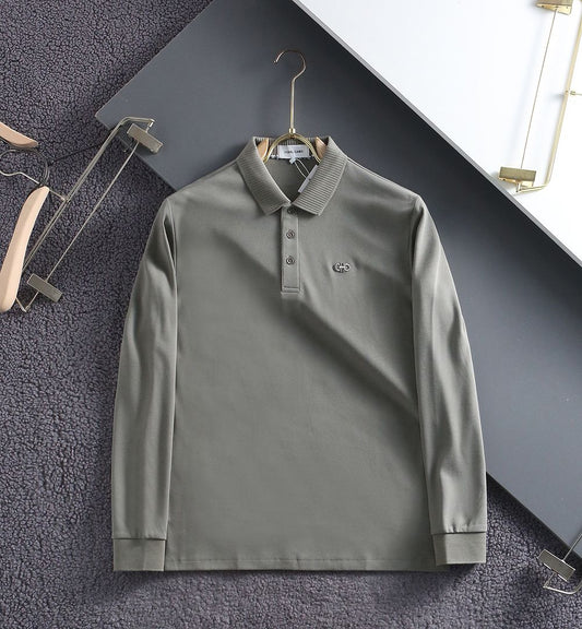 SALVATORE FERRAGAMO || Mottled Cotton Long Sleeves Polo T-Shirt- FASHION MYST