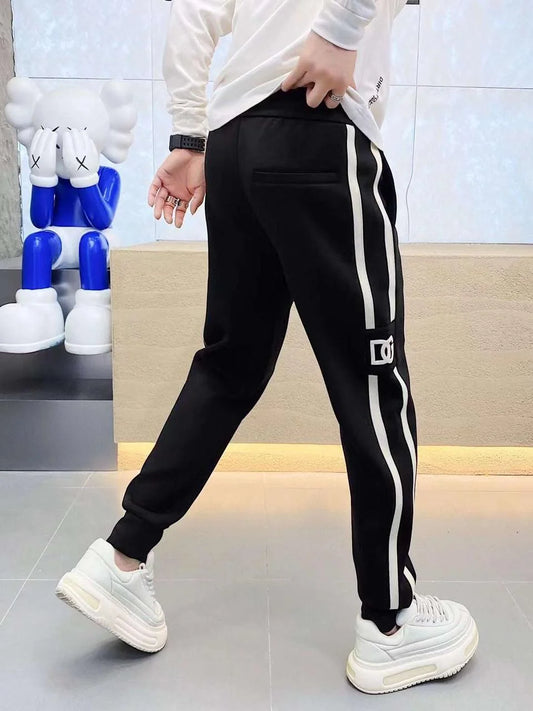 DOLCE GABBANA || Men Black Fitted Track Pants with Contrast Side Taping- FASHION MYST
