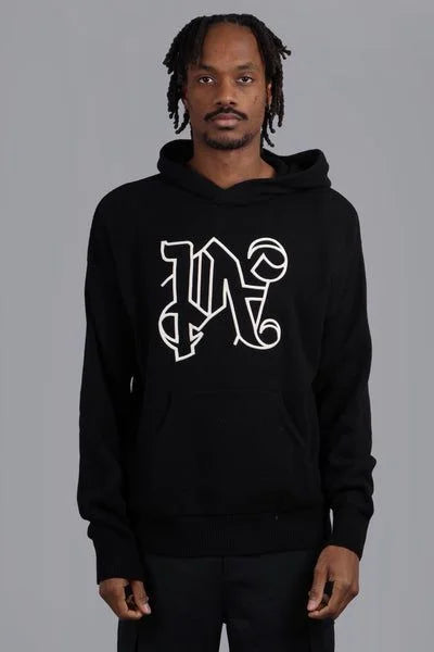 PALM ANGELS || Monogram-Embroidered Knitted Black Hoodie- FASHION MYST
