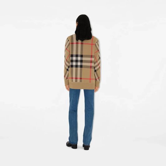 BURBERRY || Check Wool Blend Cardigan Oversized Fit Archive Beige- FASHION MYST
