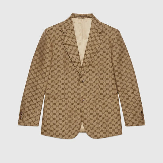 GUCCI || GG Linen Blend Canvas Formal Jacket & Pant Set In Camel And Ebony- FASHION MYST