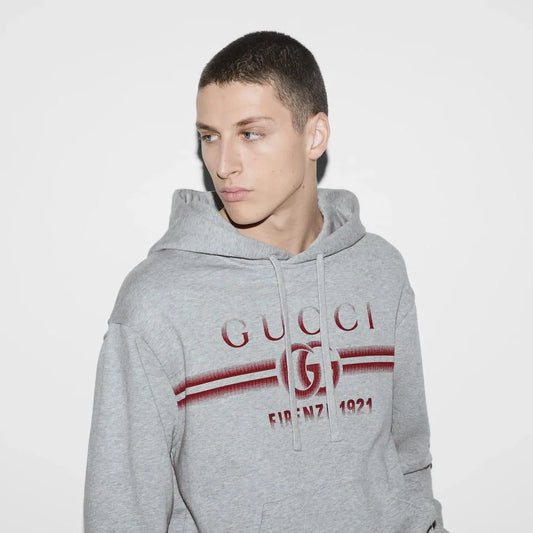 GUCCI || GG Logo Cotton Jersey Hoodie In Grey- FASHION MYST