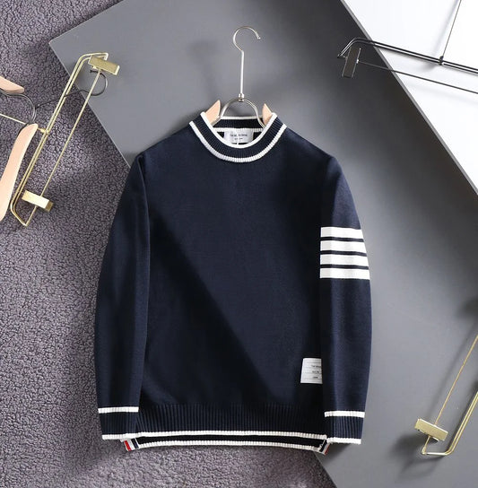 THOM BROWNE || Diagonal Stripe Merino Round Wool Knit Pullover- FASHION MYST