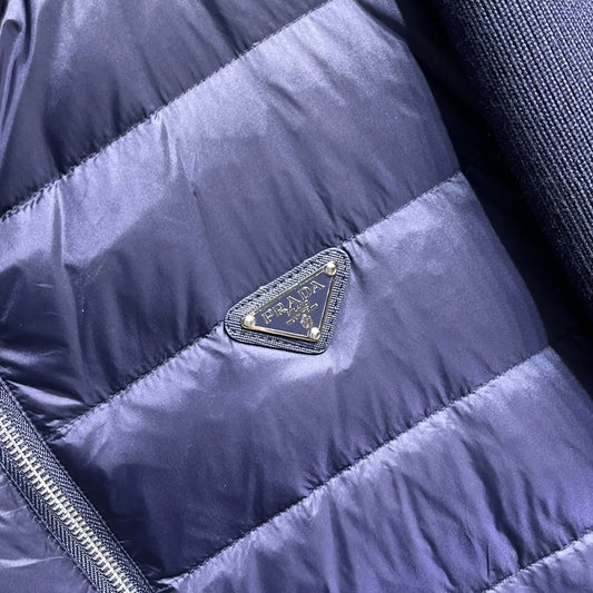 PRADA || Navy Blue Padded High-Neck Bomber Jacket- FASHION MYST
