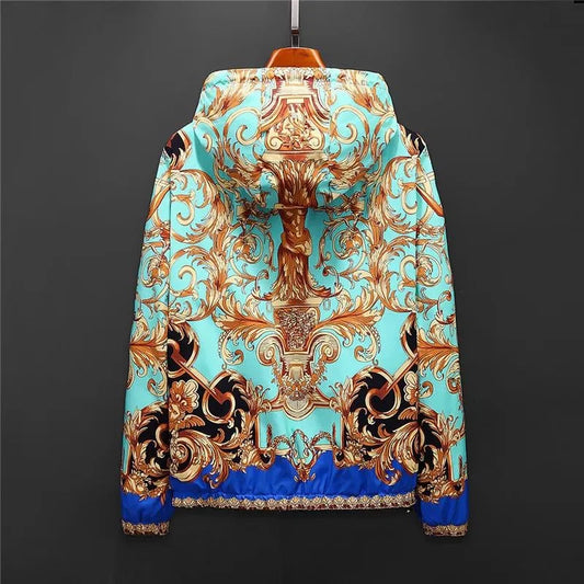 VERSACE || Eros Baroque Printed Blue Golden Zip Up Bomber Jacket- FASHION MYST