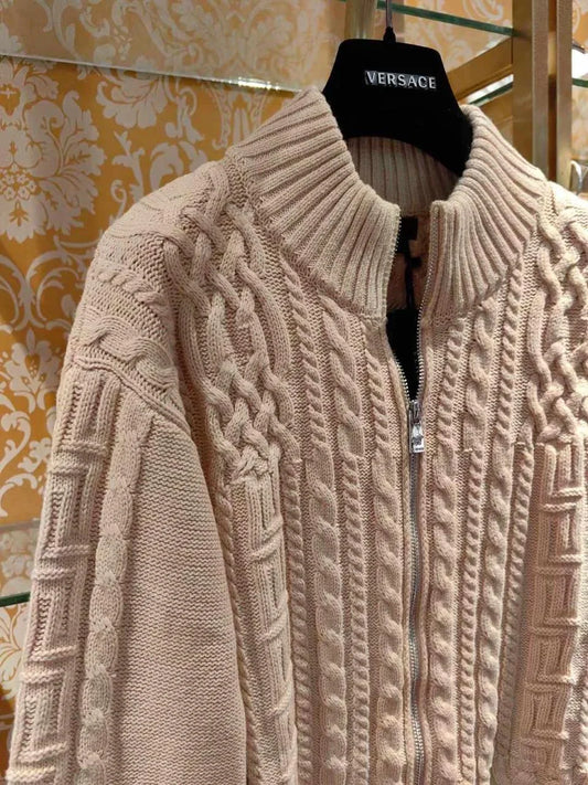 VERSACE || Medusa Embroidered Cable Knit Virgin Wool Jumper In Sand Color- FASHION MYST