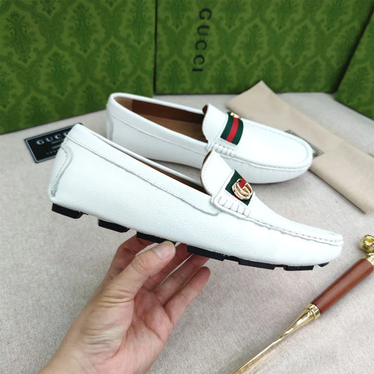 GUCCI || White Leather Horsebit Web Detail GG Metal Logo Loafers- FASHION MYST