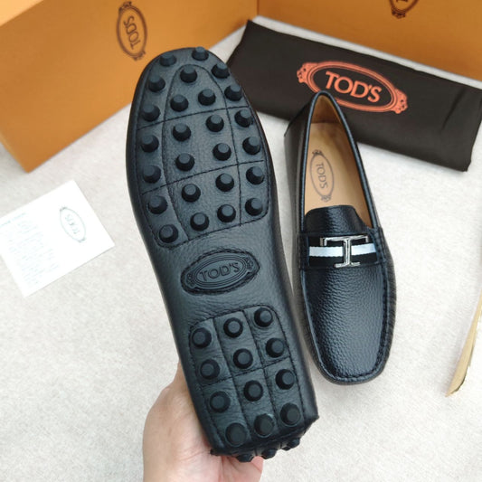TODS || Big T Logo-Plaque Leather Black Loafers- FASHION MYST