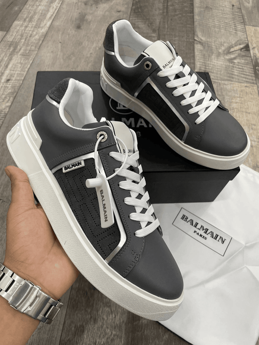 BALMAIN || B-COURT GRAY LEATHER SNEAKERS WITH PERFORATIONS- FASHION MYST