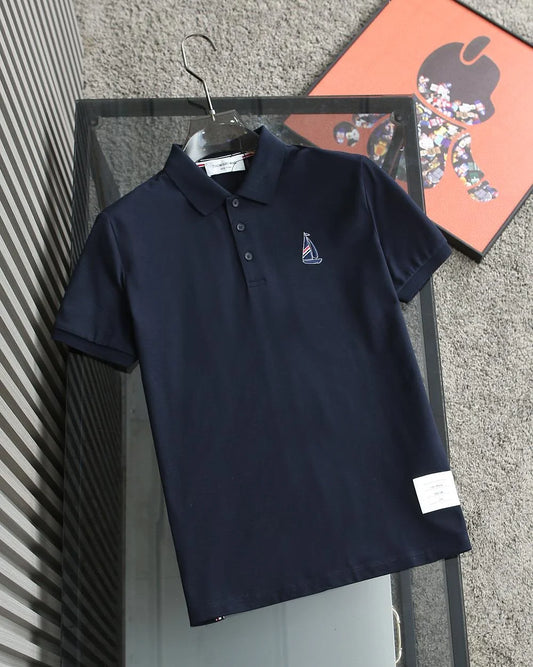 THOM BROWNE || Organic Cotton Piqué Polo T-Shirt With Boat Embroidery Logo- FASHION MYST