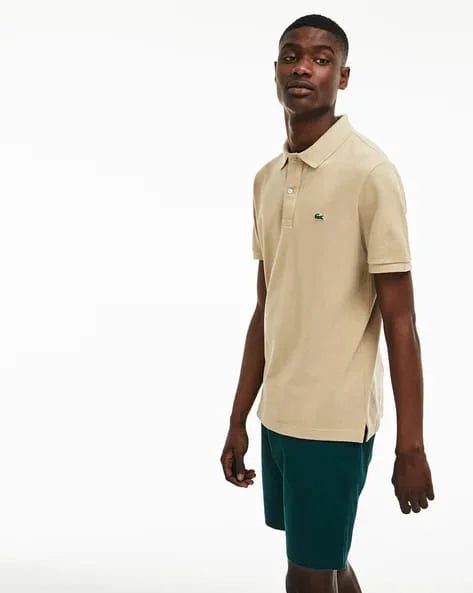 LACOSTE || Men Cotton Polo Collar Slim Fit Sports Beige T-shirt- FASHION MYST