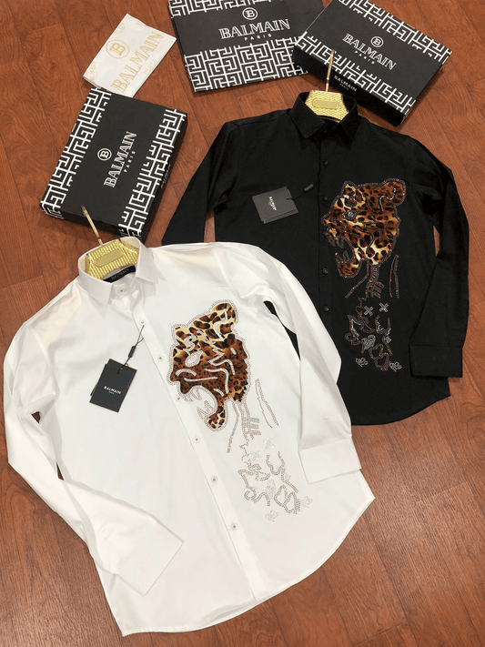 BALMAIN || Swarovski Leopard Logo Printed Club Wear Shirt- FASHION MYST