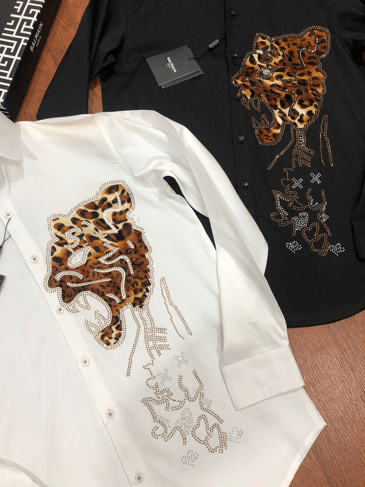 BALMAIN || Swarovski Leopard Logo Printed Club Wear Shirt- FASHION MYST