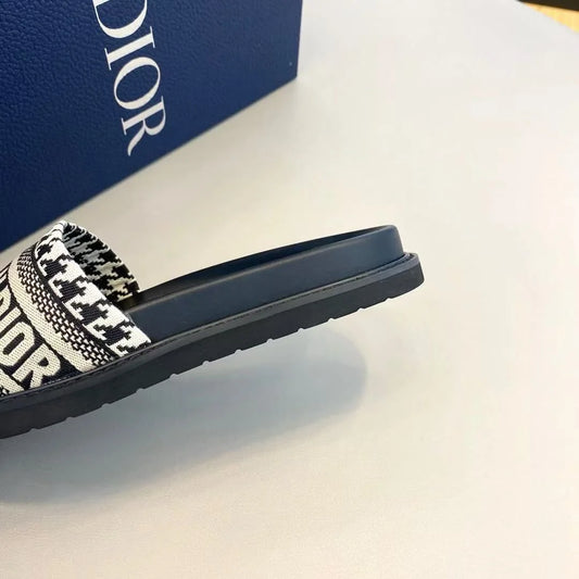 CHRISTIAN DIOR || Fabric Embroidered Dway Logo Slide Sandals- FASHION MYST