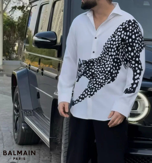 BALMAIN || Stylish Men's Cheetah Print Long Sleeve Slim Fit Shirt- FASHION MYST