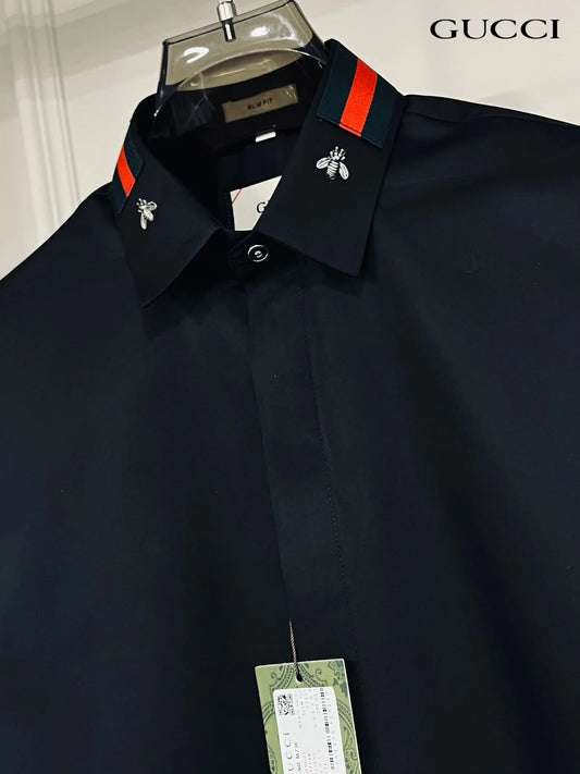 GUCCI || Collar Bee Logo Contrast Stripe Design Shirt- FASHION MYST