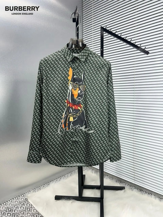 BURBERRY || Men's Diamond Rhinestones Dogs Fashion Button-Down Shirt- FASHION MYST