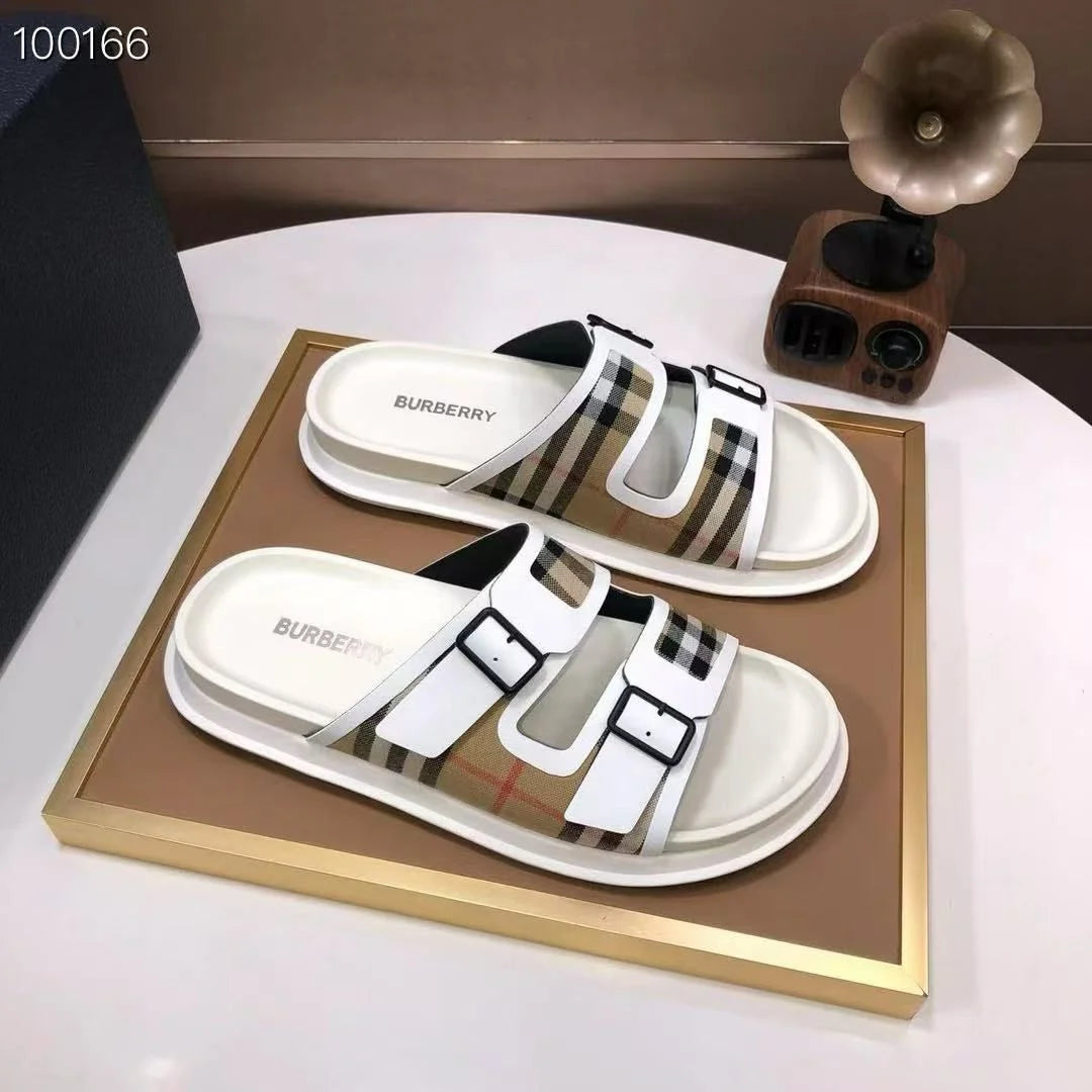 BURBERRY || Checkered Double Strape Sandal White Slides – FASHION MYST