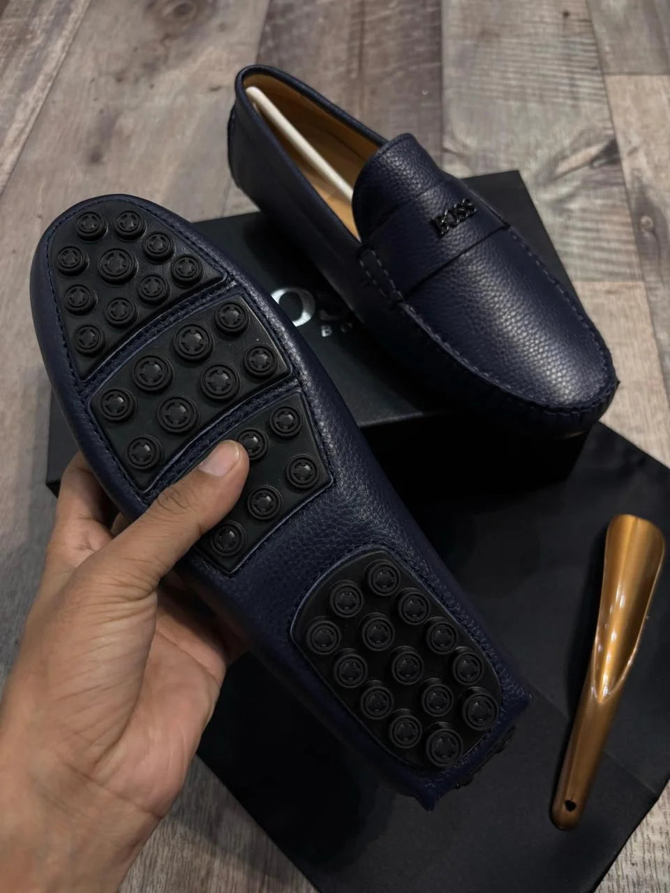 BOSS || Men's Noel Nappa-Leather Driving Moccasins With Metal Logo - BLUE- FASHION MYST