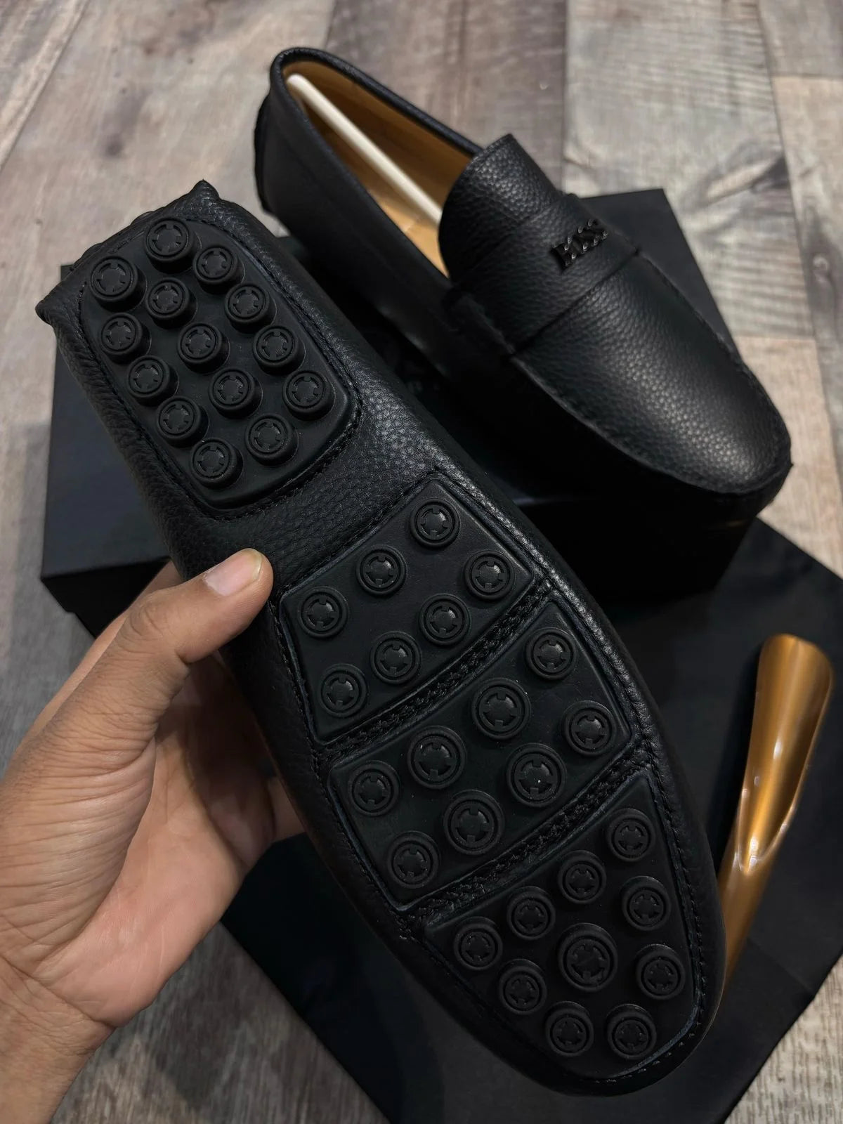 BOSS || Men's Noel Nappa-Leather Driving Moccasins With Metal Logo - BLACK- FASHION MYST