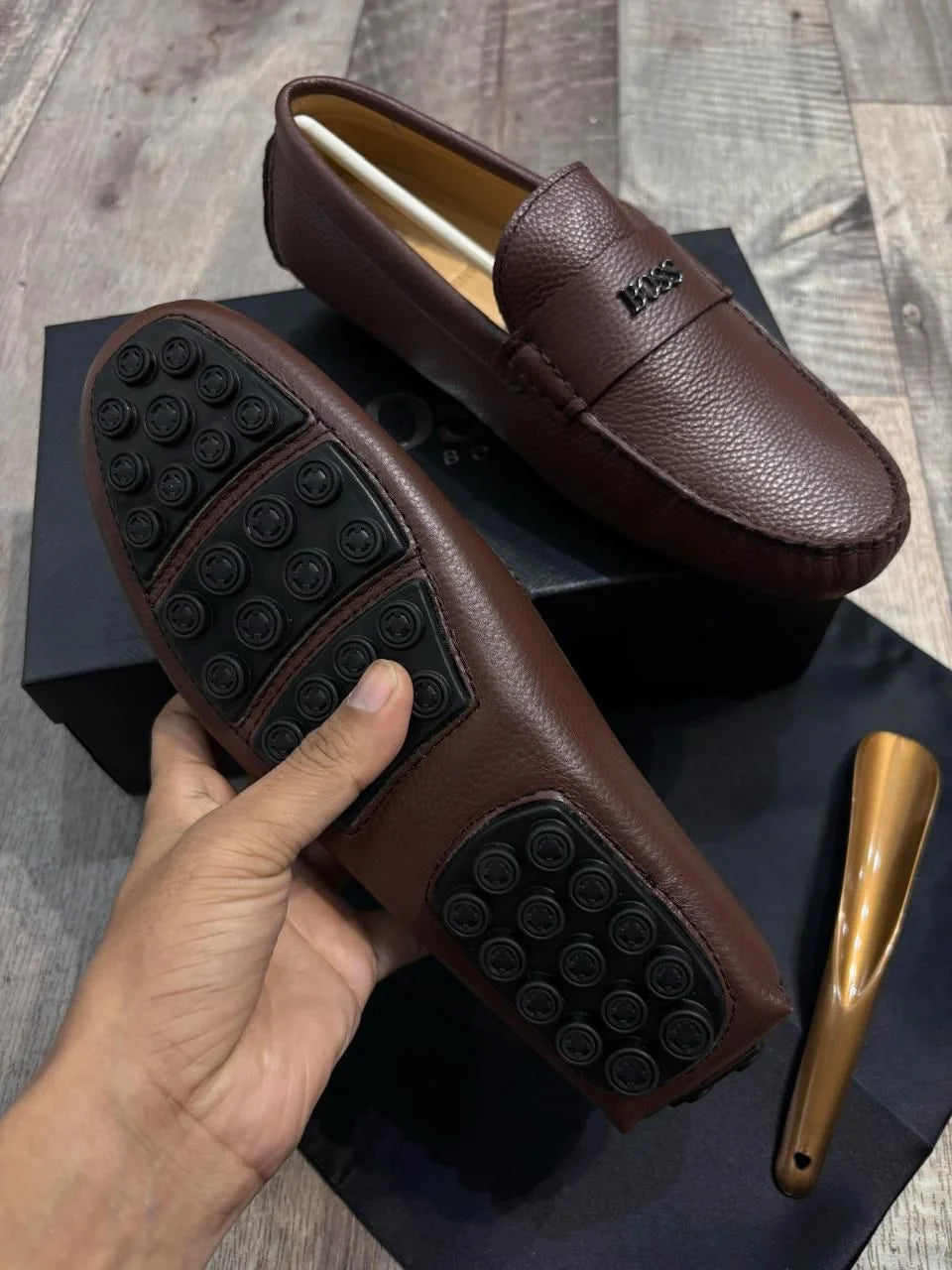 BOSS || Men's Noel Nappa-Leather Driving Moccasins With Metal Logo - Brown- FASHION MYST